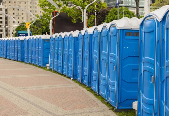 hygienic portable restrooms lined up at a music festival, providing comfort and convenience for attendees in Darien